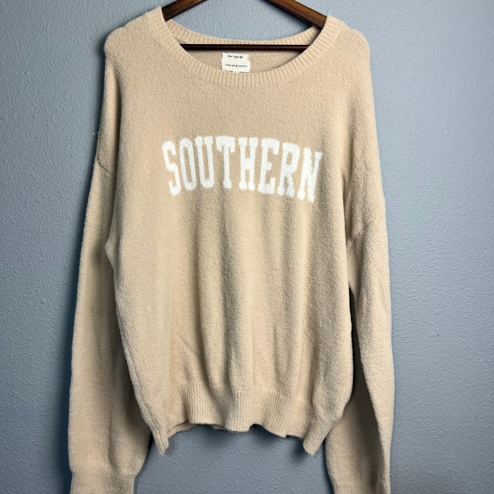 Thread & Supply Southern Sweater Beige Tan Cozy Fleece Pullover Women's Size Lg‎